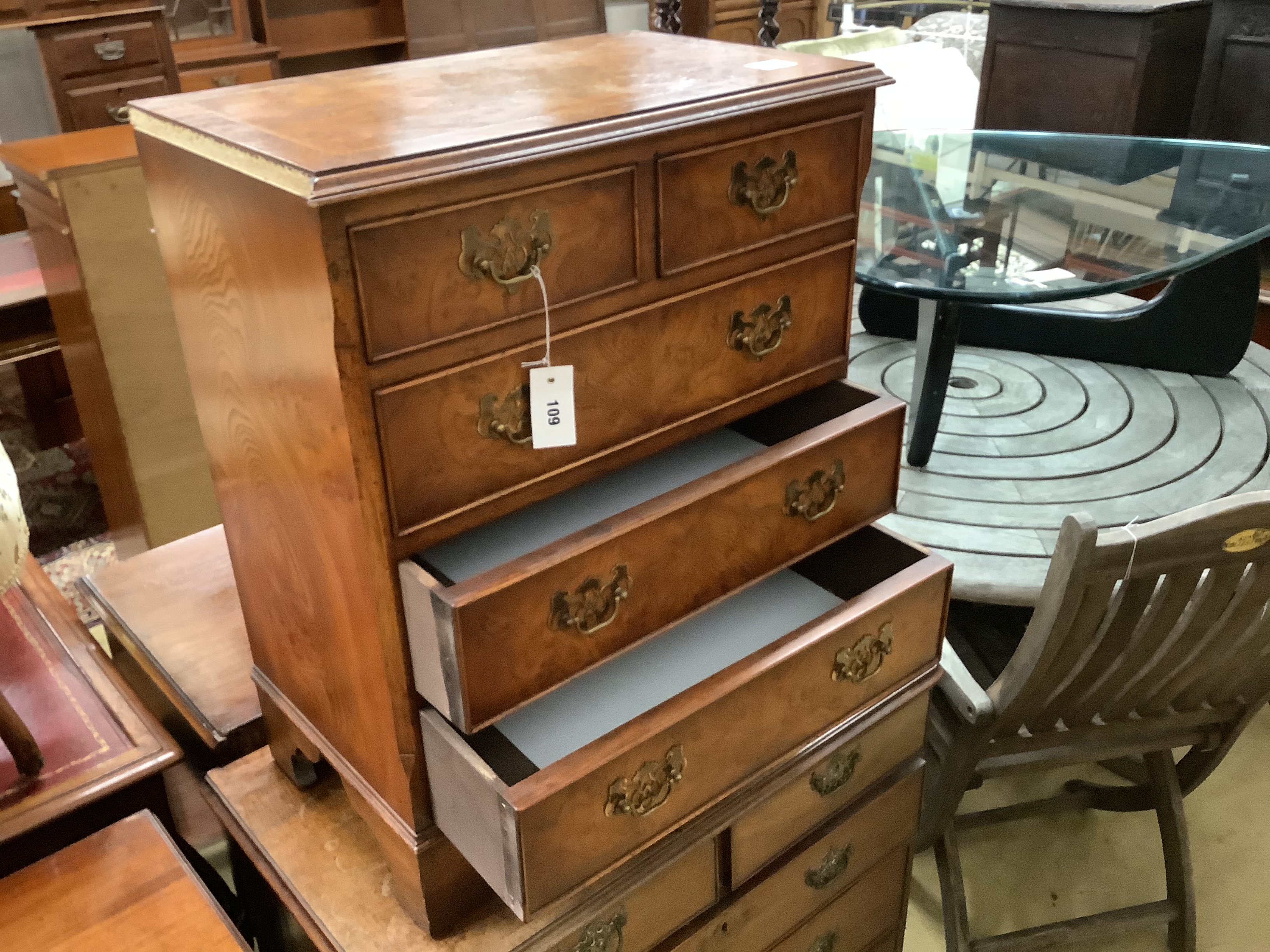 A small reproduction burr elm five drawer chest, width 60cm, depth 37cm, height 72cm